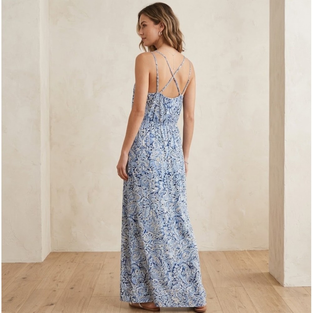 LOFT Maxi Dress Blue Paisley Criss Cross Back Boho Wedding Party‎ Coastal M
